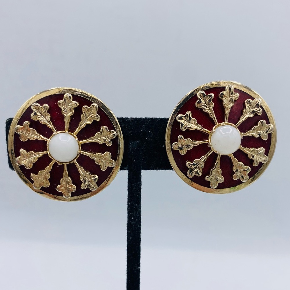 Vintage Marino Mid Century Design Gold Tone And Red Enamel Clip On Earrings